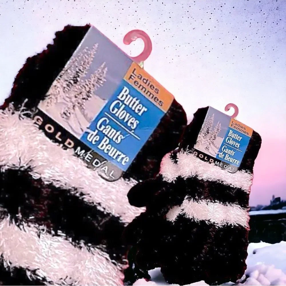 Gold Medal l Butter Fuzzy Gloves l  Black & White Stripped l Soft l Unisex l New
